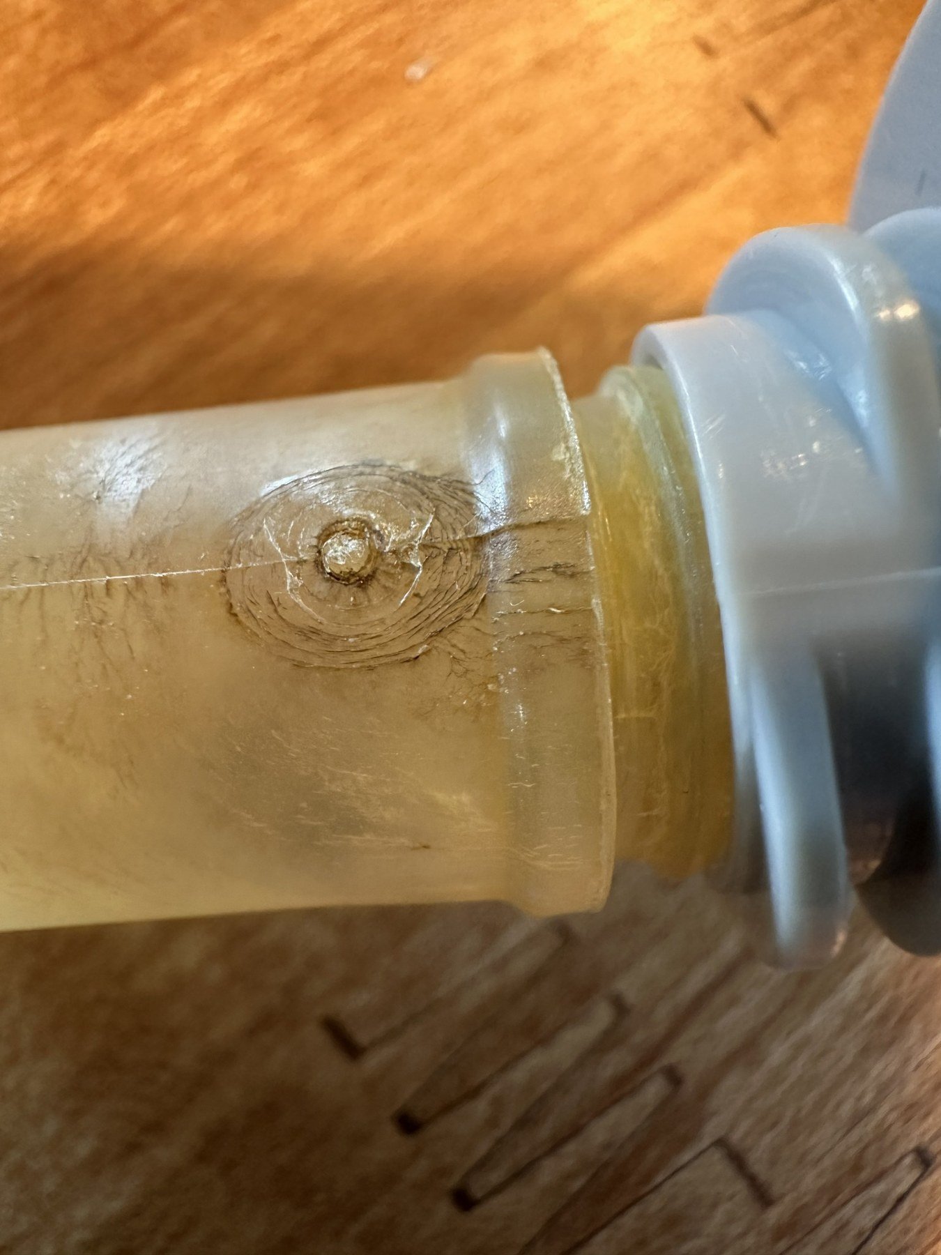Close view of the aged yellowed translucent stem and its connection point