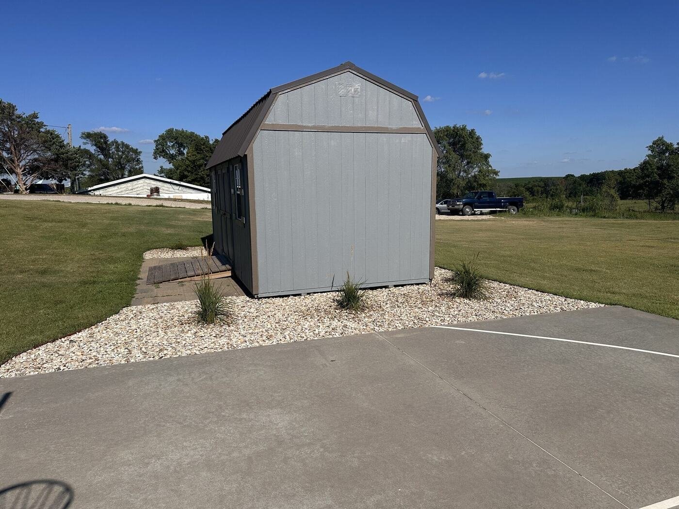 Front-left view of the shed landscaping