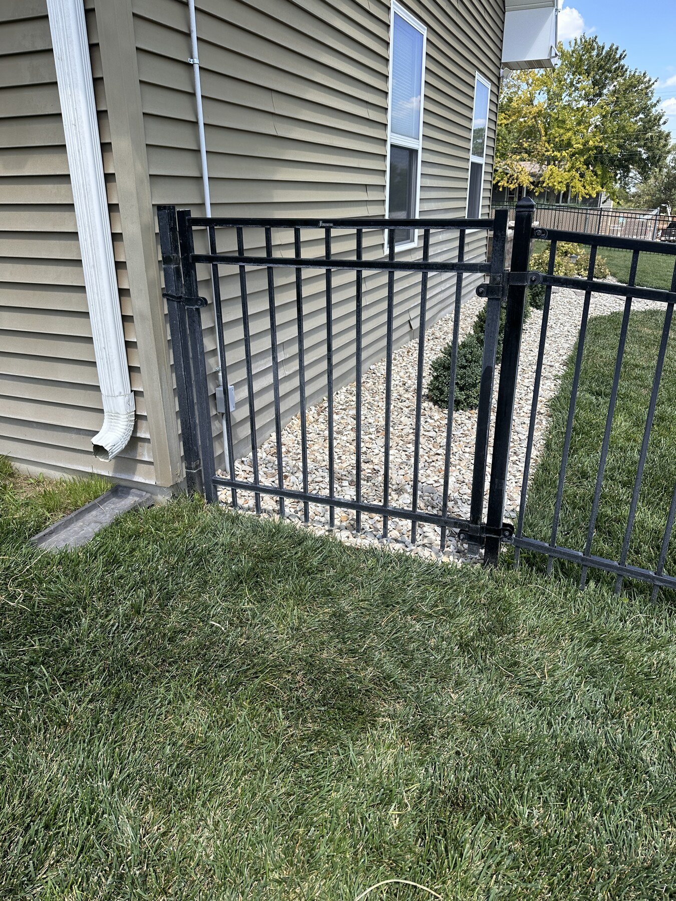 The finished west-side gate rehung with its hinge on the south post beside the house